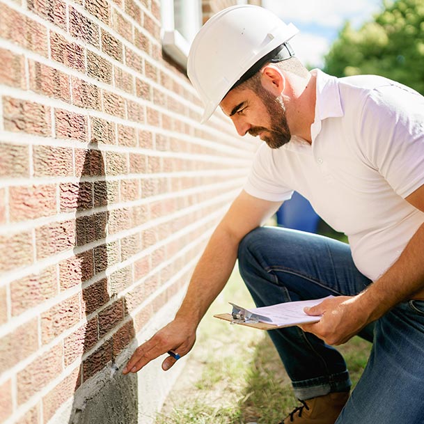 Man kneeling to check the exterior wall of a house's foundation
