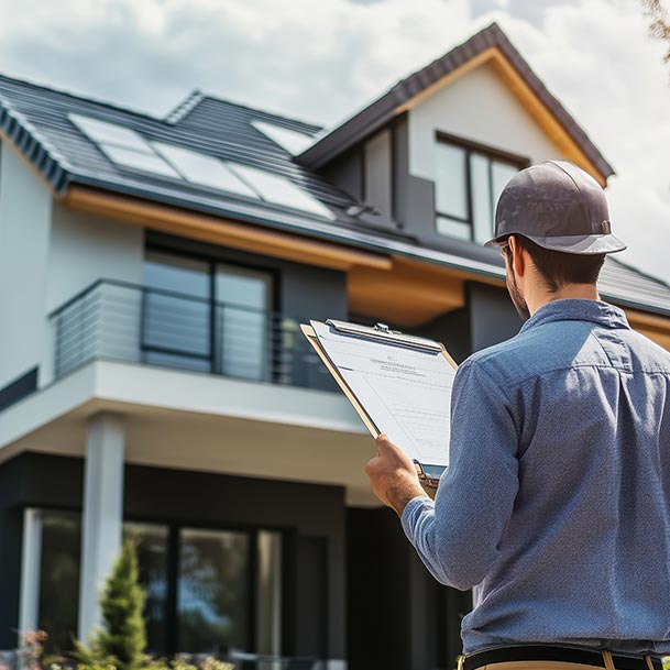 Man standing in front of a home holding a clipboard with his back to camera
